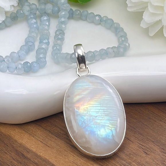 Southwest Jewelry - Solid Sterling Silver 925 Rainbow Moonstone Pendant Blue Necklace Boho Southwest
